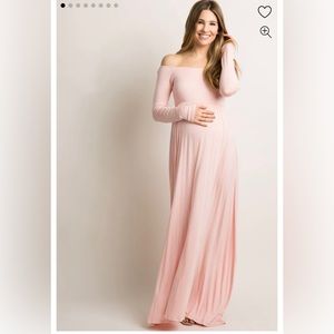 Pink maternity maxi dress. Off shoulder. Perfect for maternity photos!